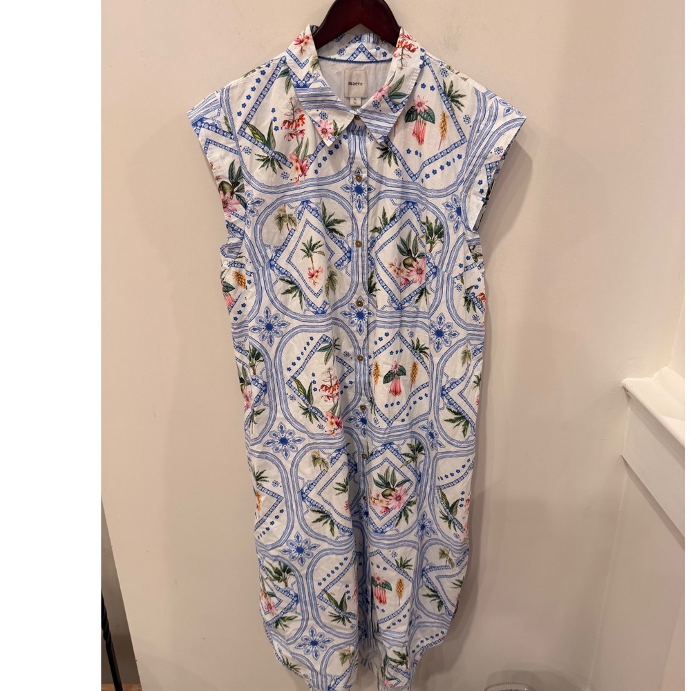 Maeve Anthropologie Blue White Floral Tile Print Cotton Midi Shirt Dress XL